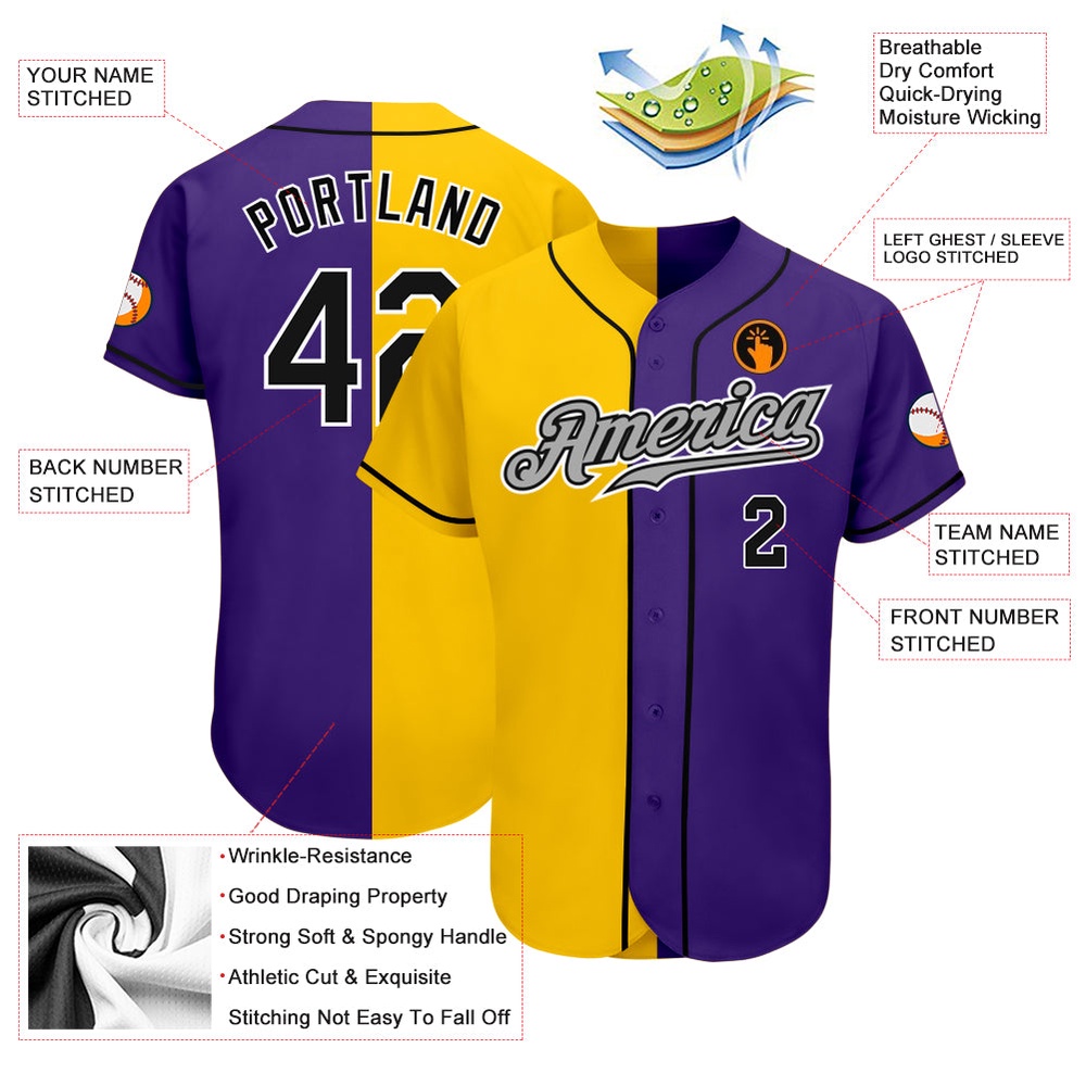 Purple Black-Yellow Authentic Split Fashion Baseball Jersey, Custom Baseball Jersey, Personalized Sport Jersey Purple Black-Yellow Authentic Split Fashion Baseball Jersey, Custom Baseball Jersey, Personalized Sport Jersey