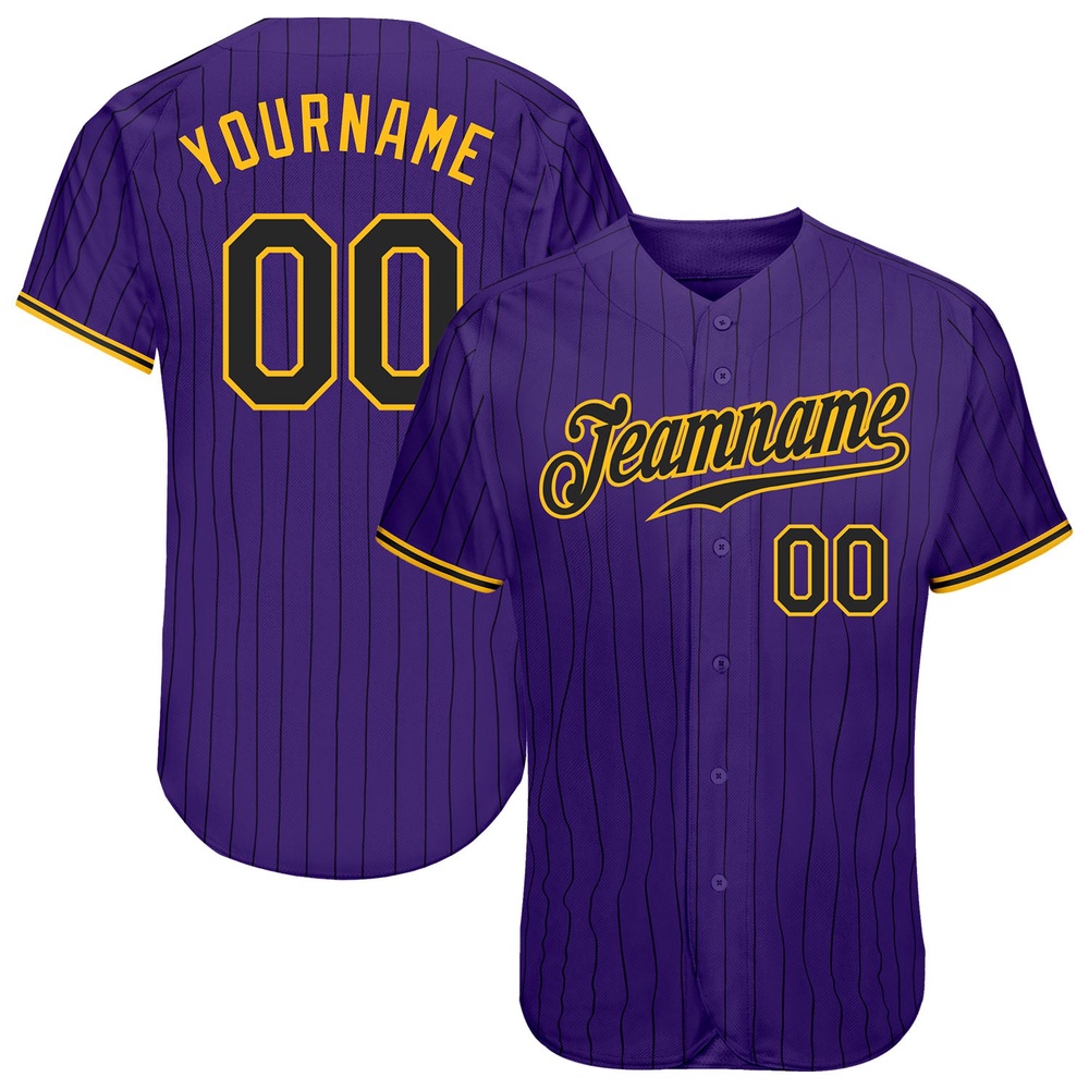 Purple Black Pinstripe Black-Gold Authentic Baseball Jersey, Custom Baseball Jersey, Personalized Sport Jersey Purple Black Pinstripe Black-Gold Authentic Baseball Jersey, Custom Baseball Jersey, Personalized Sport Jersey