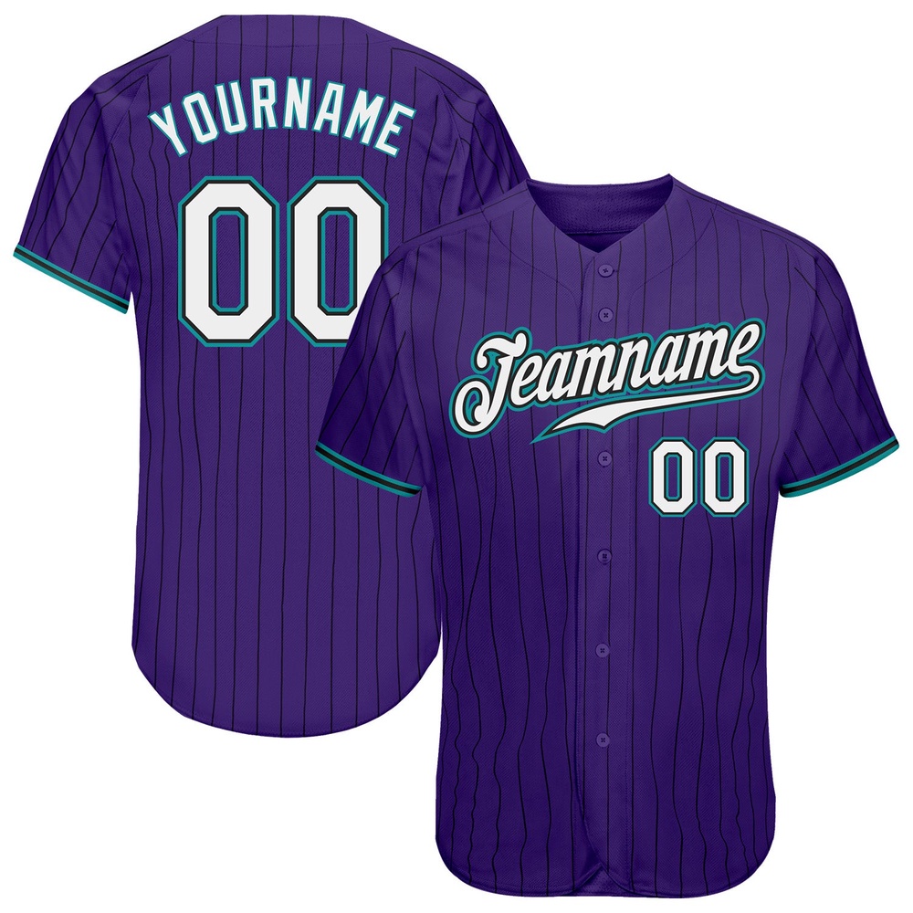 Purple Black Pinstripe White-Teal Authentic Baseball Jersey, Custom Baseball Jersey, Personalized Sport Jersey Purple Black Pinstripe White-Teal Authentic Baseball Jersey, Custom Baseball Jersey, Personalized Sport Jersey