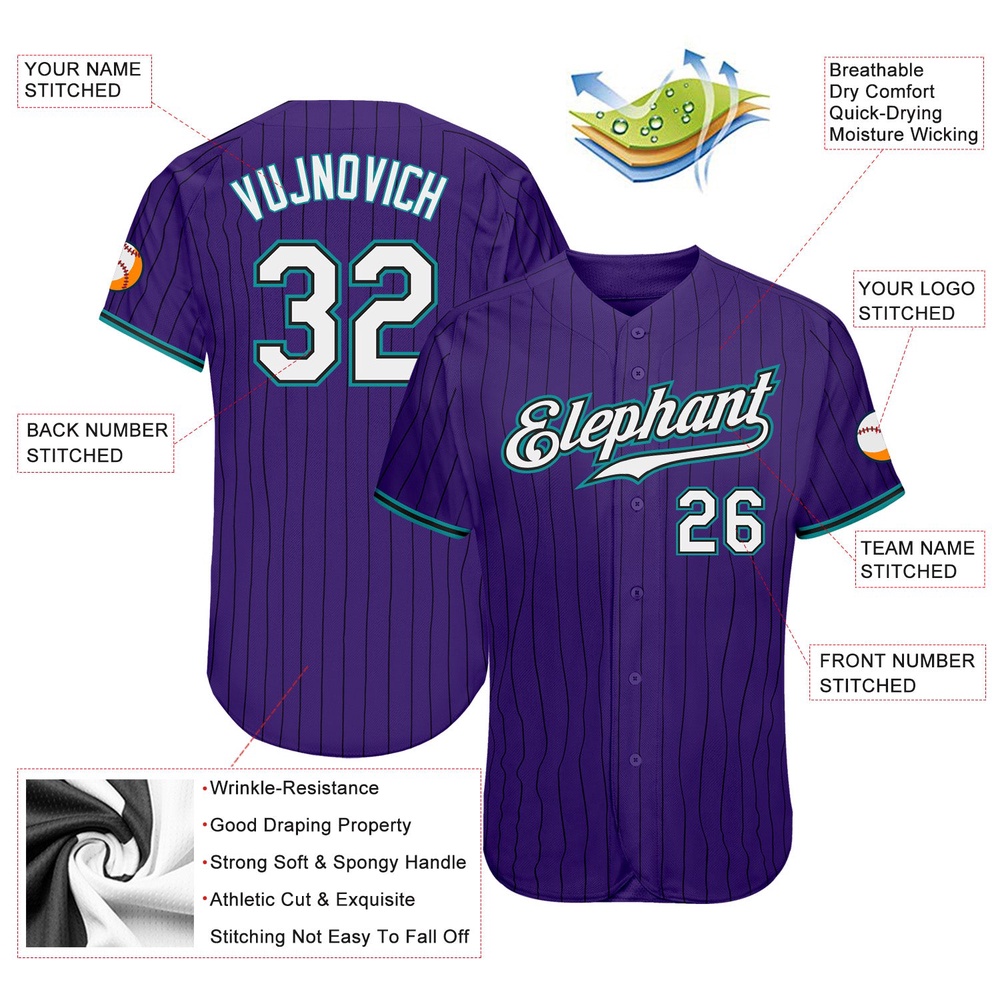 Purple Black Pinstripe White-Teal Authentic Baseball Jersey, Custom Baseball Jersey, Personalized Sport Jersey Purple Black Pinstripe White-Teal Authentic Baseball Jersey, Custom Baseball Jersey, Personalized Sport Jersey