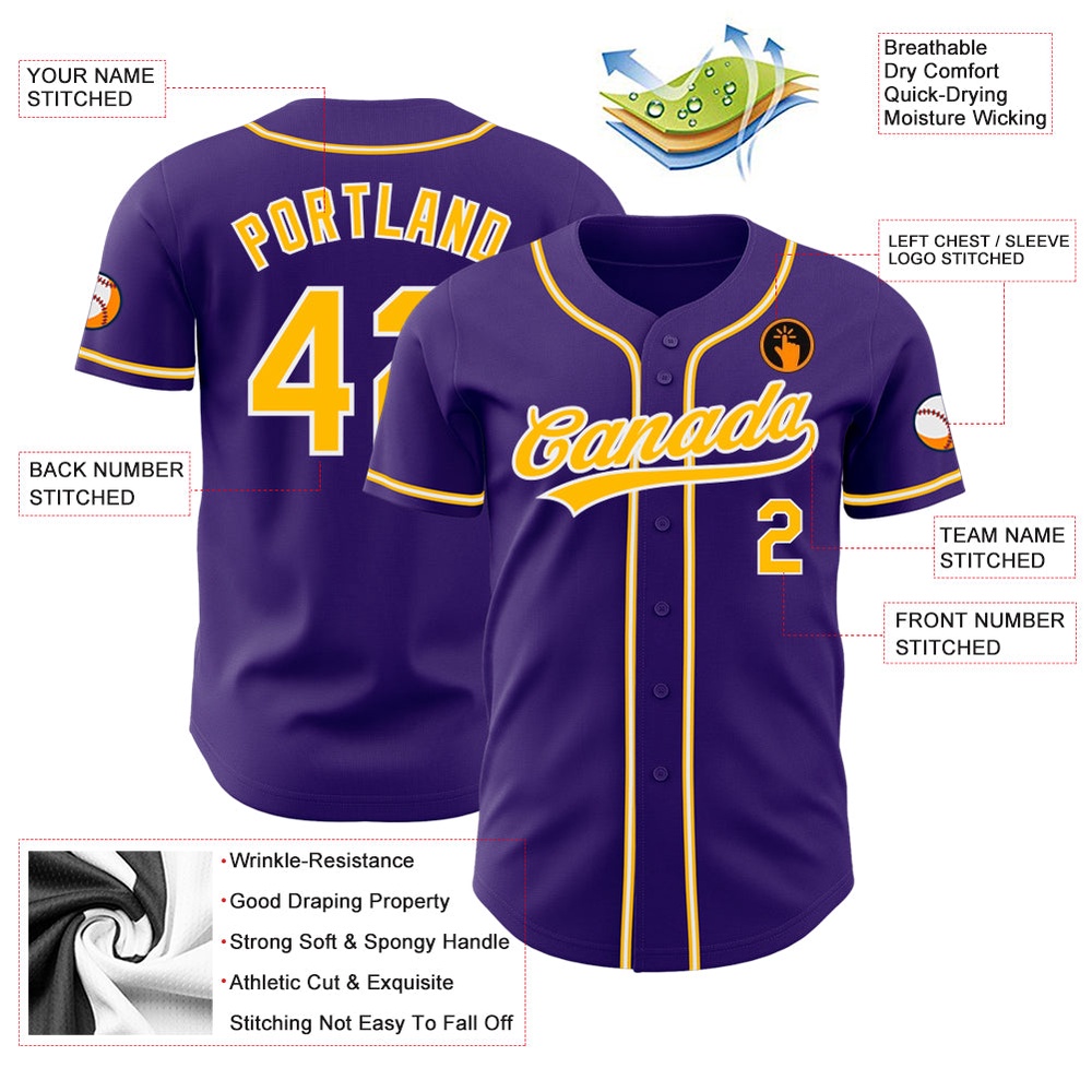 Purple Gold-White Authentic Baseball Jersey, Custom Baseball Jersey, Personalized Sport Jersey Purple Gold-White Authentic Baseball Jersey, Custom Baseball Jersey, Personalized Sport Jersey
