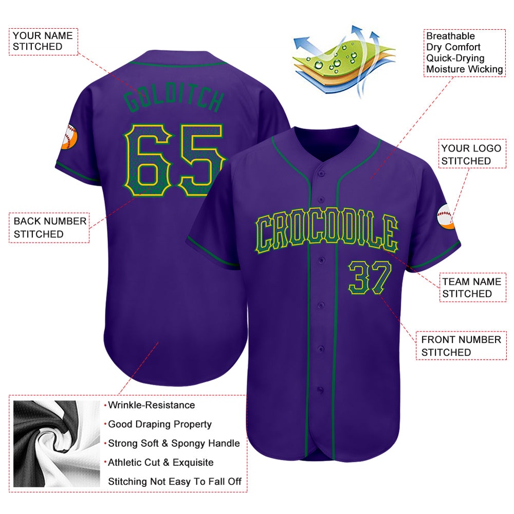 Purple Kelly Green-Gold Authentic Drift Fashion Baseball Jersey, Custom Baseball Jersey, Personalized Sport Jersey Purple Kelly Green-Gold Authentic Drift Fashion Baseball Jersey, Custom Baseball Jersey, Personalized Sport Jersey