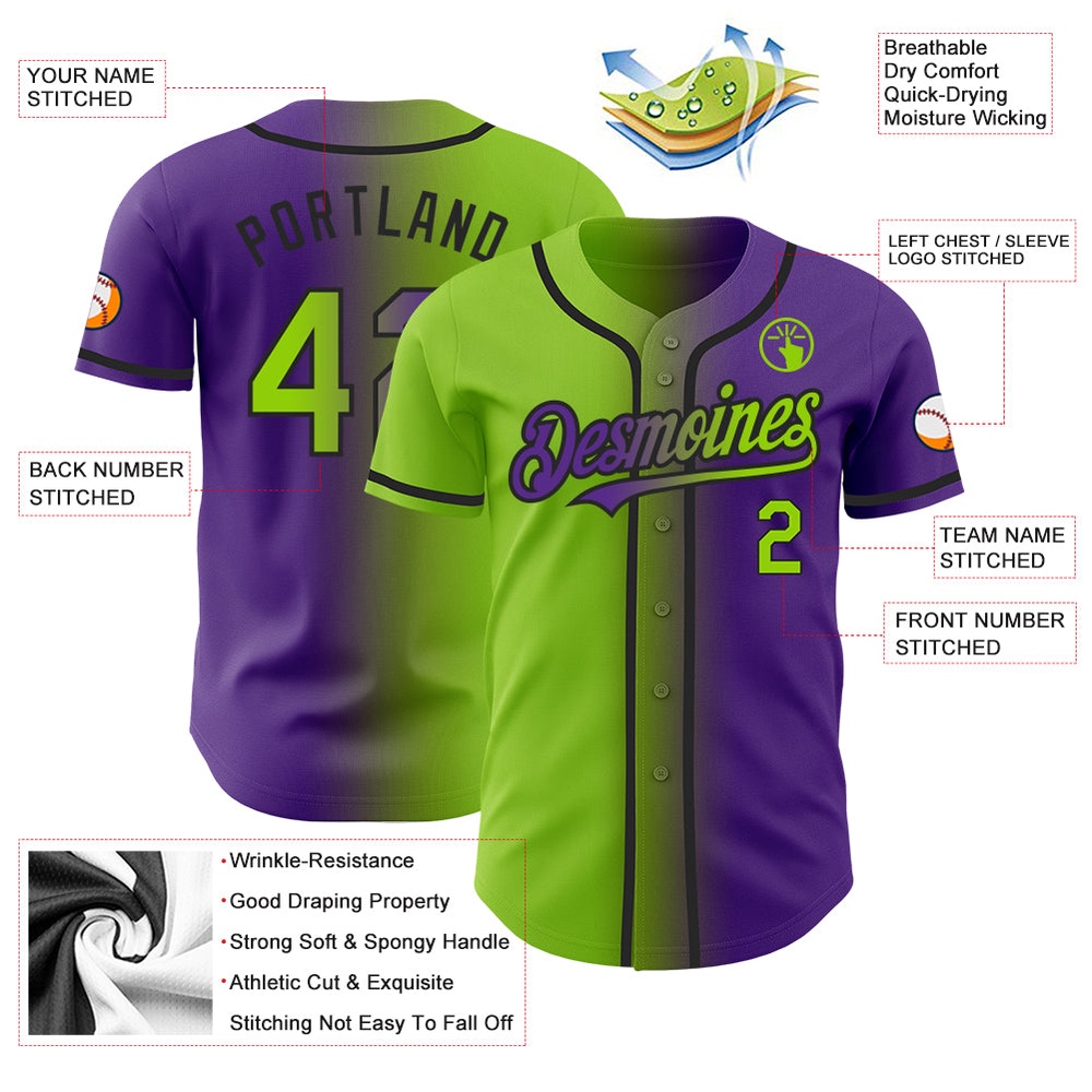Purple Neon Green-Black Authentic Gradient Fashion Baseball Jersey, Custom Baseball Jersey, Personalized Sport Jersey Purple Neon Green-Black Authentic Gradient Fashion Baseball Jersey, Custom Baseball Jersey, Personalized Sport Jersey