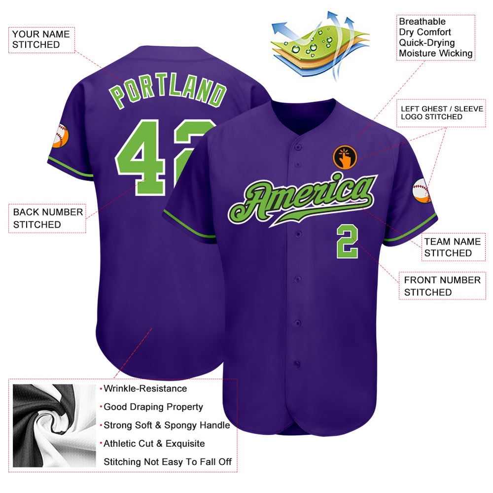 Purple Neon Green-White Authentic Baseball Jersey, Custom Baseball Jersey, Personalized Sport Jersey Purple Neon Green-White Authentic Baseball Jersey, Custom Baseball Jersey, Personalized Sport Jersey