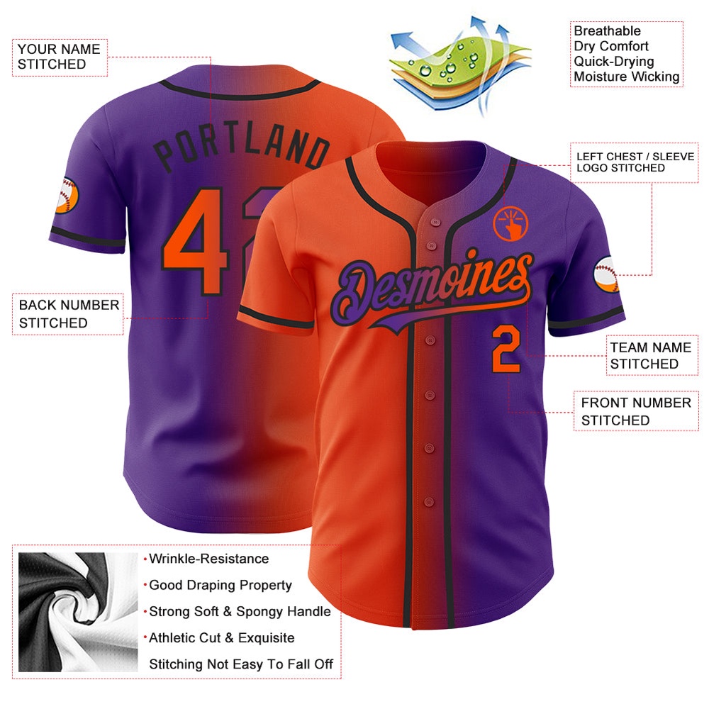 Purple Orange-Black Authentic Gradient Fashion Baseball Jersey, Custom Baseball Jersey, Personalized Sport Jersey Purple Orange-Black Authentic Gradient Fashion Baseball Jersey, Custom Baseball Jersey, Personalized Sport Jersey
