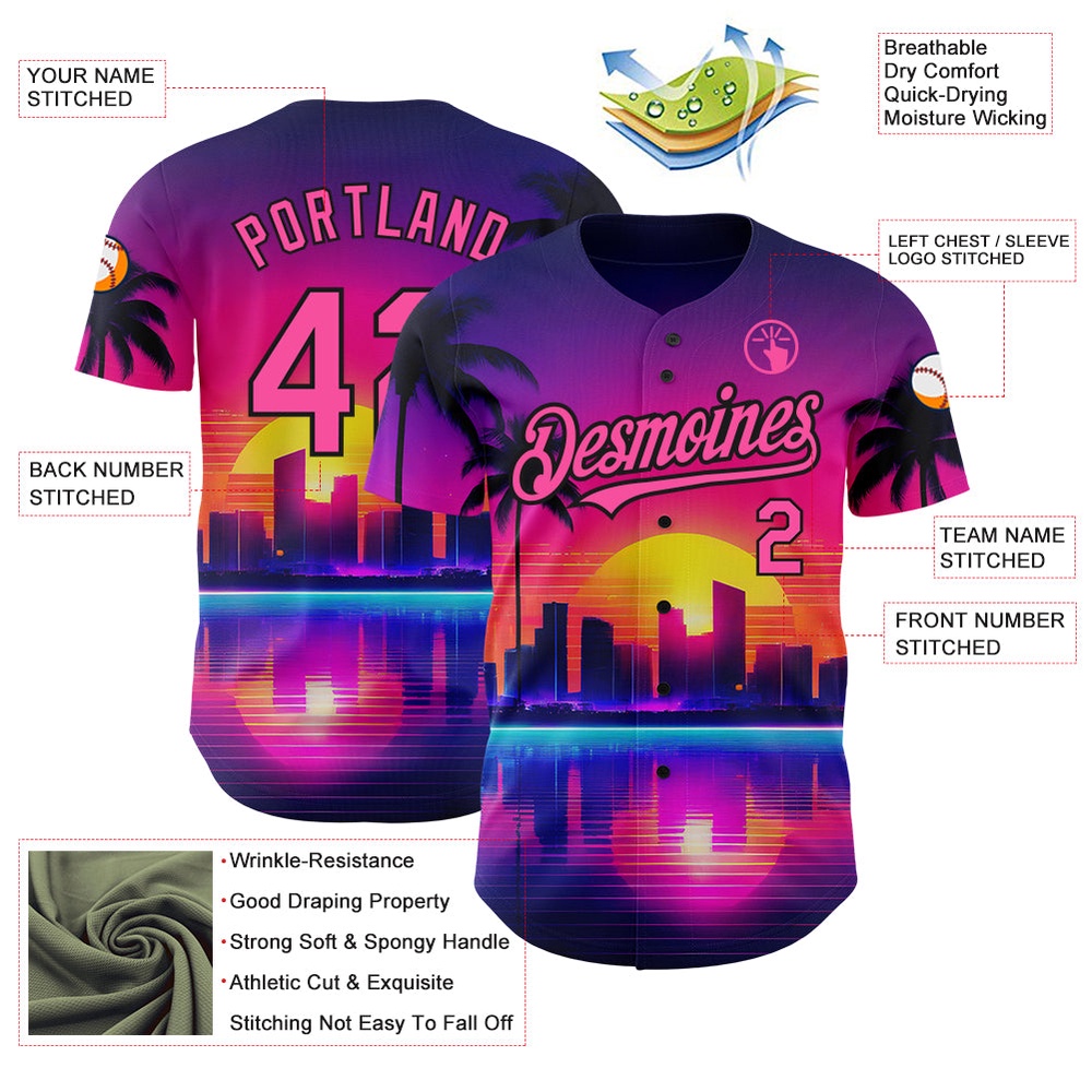Purple Pink-Black 3D Miami Palm Trees City Edition Authentic Baseball Jersey, Custom Baseball Jersey, Personalized Sport Jersey