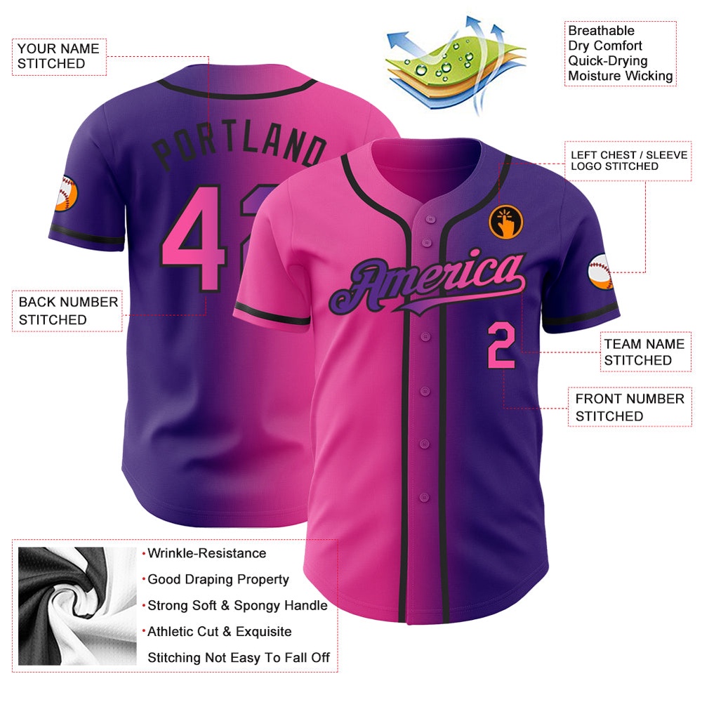 Purple Pink-Black Authentic Gradient Fashion Baseball Jersey, Custom Baseball Jersey, Personalized Sport Jersey Purple Pink-Black Authentic Gradient Fashion Baseball Jersey, Custom Baseball Jersey, Personalized Sport Jersey