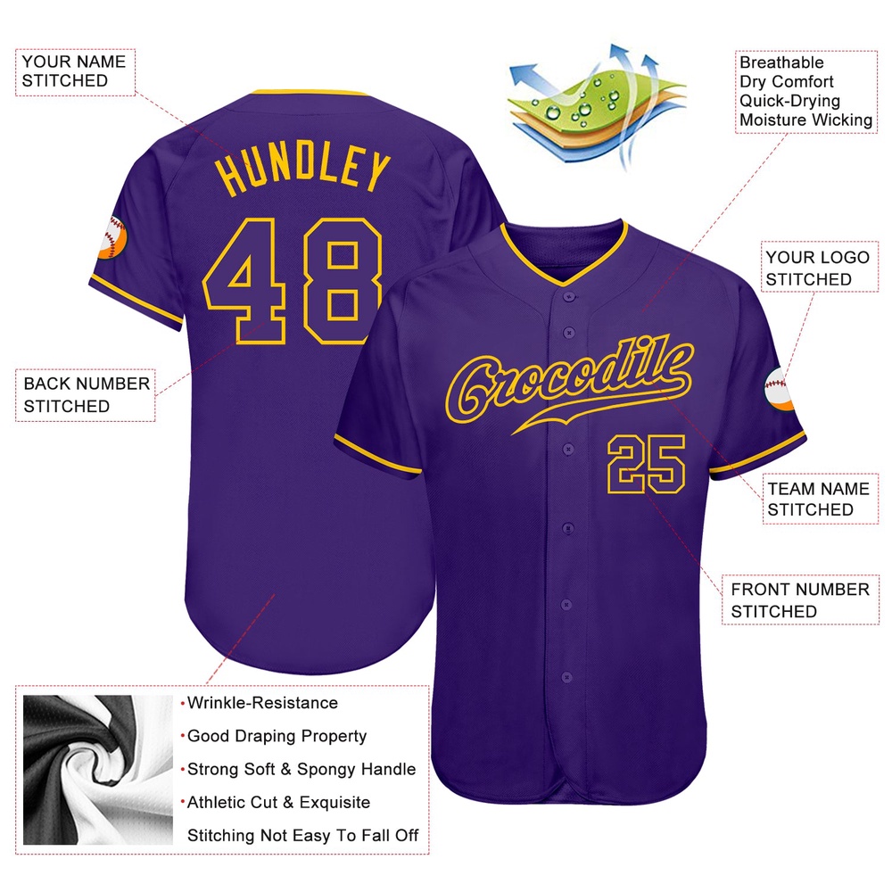 Purple Purple-Gold Authentic Baseball Jersey, Custom Baseball Jersey, Personalized Sport Jersey