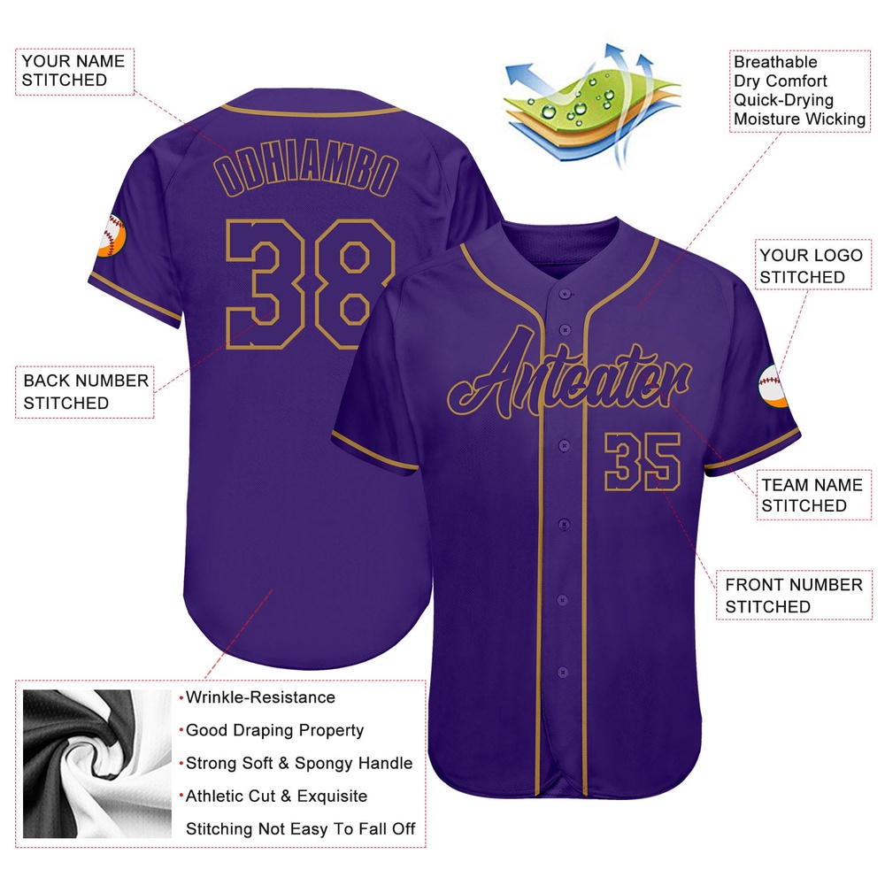 Purple Purple-Old Gold Authentic Baseball Jersey, Custom Baseball Jersey, Personalized Sport Jersey