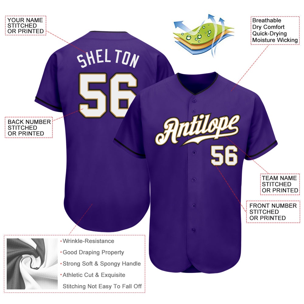 Purple White-Old Gold Authentic Baseball Jersey, Custom Baseball Jersey, Personalized Sport Jersey
