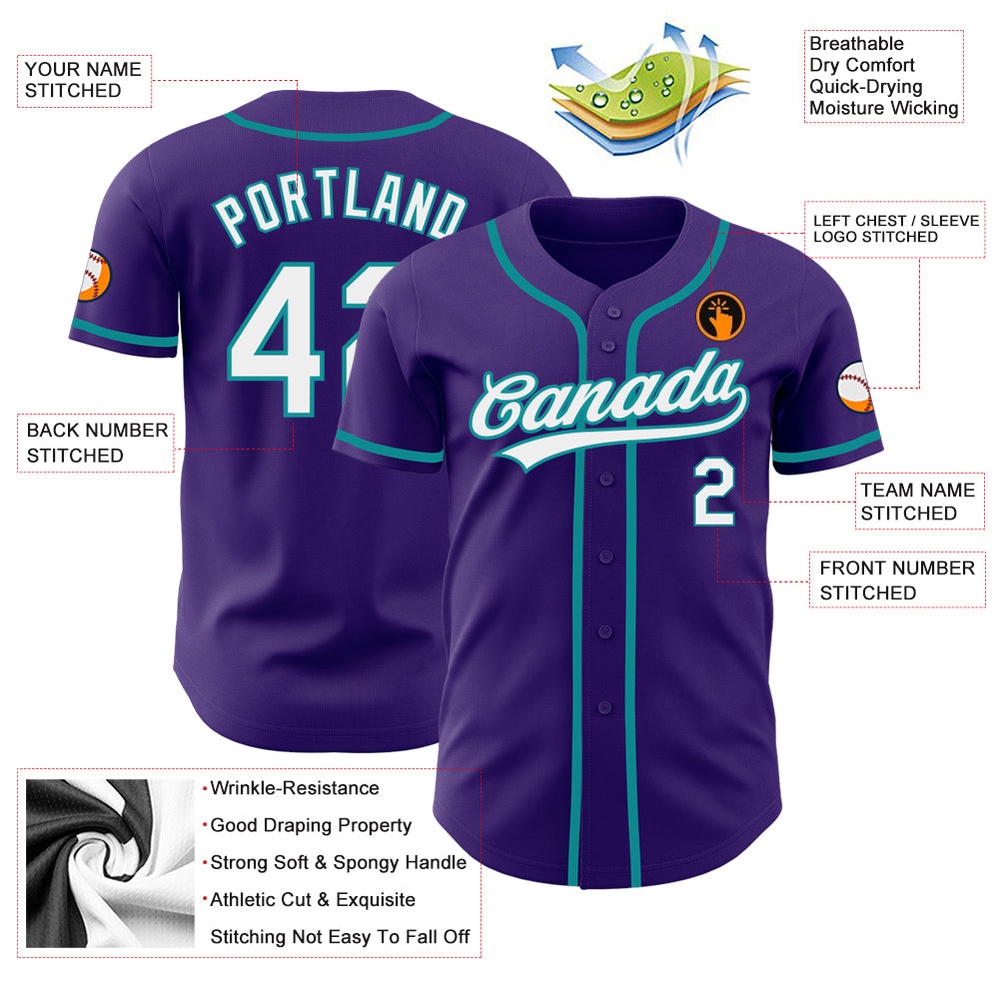 Purple White-Teal Authentic Baseball Jersey, Custom Baseball Jersey, Personalized Sport Jersey