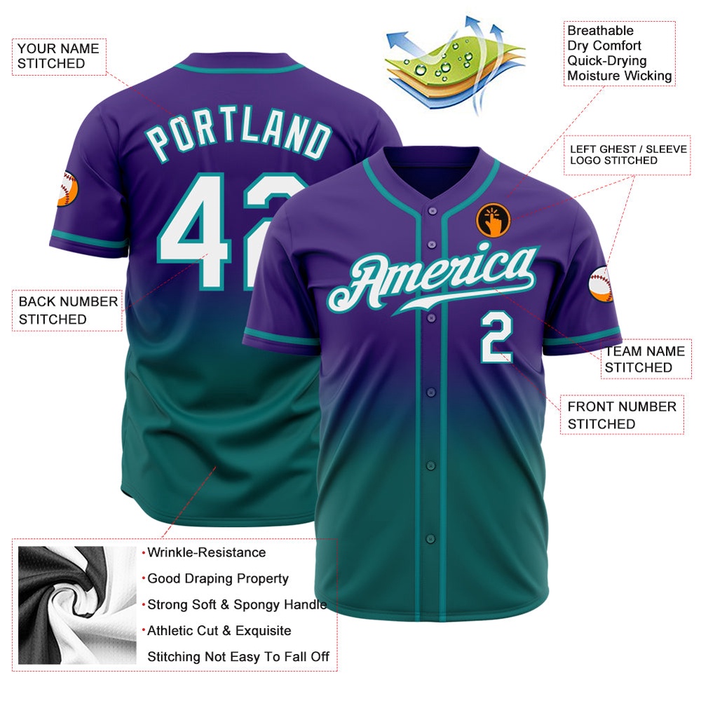 Purple White-Teal Authentic Fade Fashion Baseball Jersey, Custom Baseball Jersey, Personalized Sport Jersey