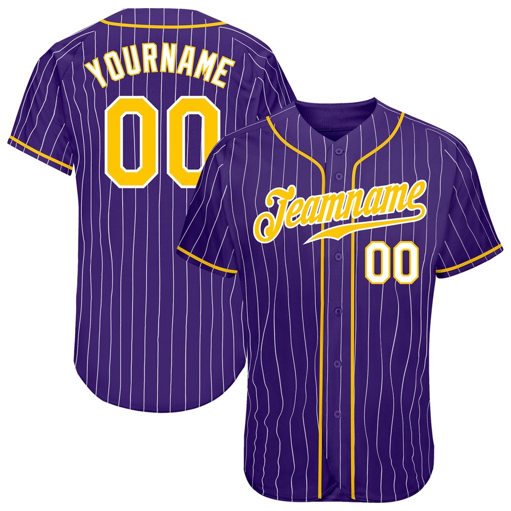 Purple White Pinstripe Gold-White Authentic Baseball Jersey, Custom Baseball Jersey, Personalized Sport Jersey Purple White Pinstripe Gold-White Authentic Baseball Jersey, Custom Baseball Jersey, Personalized Sport Jersey