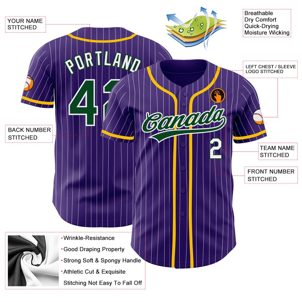 Purple White Pinstripe Green Authentic Baseball Jersey, Custom Baseball Jersey, Personalized Sport Jersey