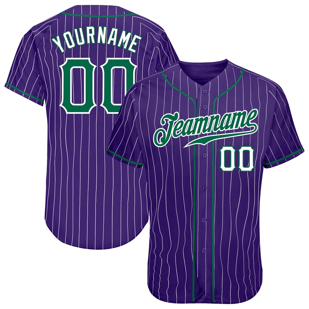 Purple White Pinstripe Kelly Green-White Authentic Baseball Jersey, Custom Baseball Jersey, Personalized Sport Jersey Purple White Pinstripe Kelly Green-White Authentic Baseball Jersey, Custom Baseball Jersey, Personalized Sport Jersey