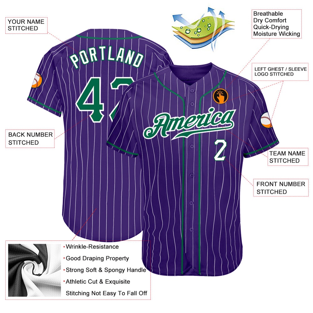 Purple White Pinstripe Kelly Green-White Authentic Baseball Jersey, Custom Baseball Jersey, Personalized Sport Jersey Purple White Pinstripe Kelly Green-White Authentic Baseball Jersey, Custom Baseball Jersey, Personalized Sport Jersey