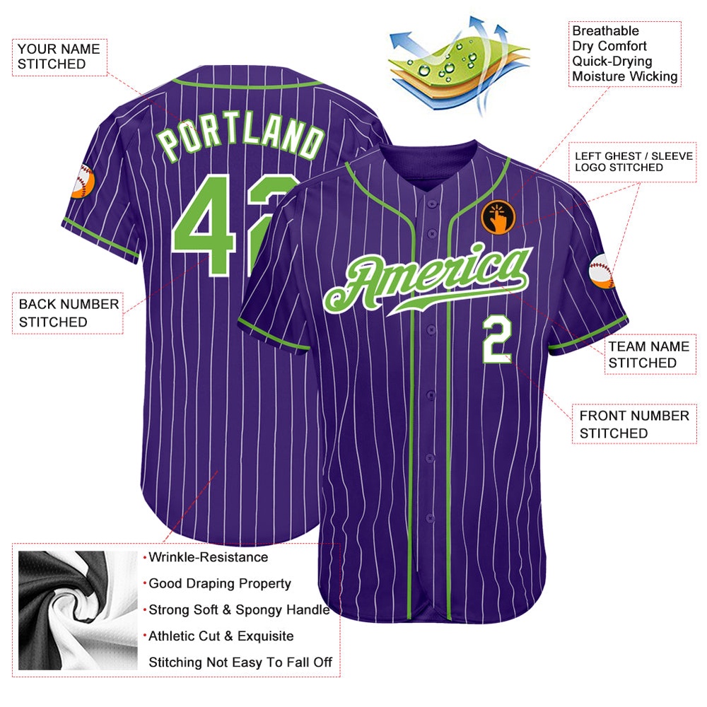 Purple White Pinstripe Neon Green-White Authentic Baseball Jersey, Custom Baseball Jersey, Personalized Sport Jersey
