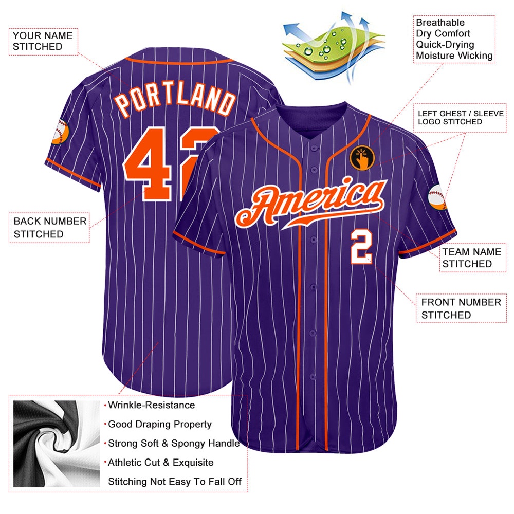 Purple White Pinstripe Orange-White Authentic Baseball Jersey, Custom Baseball Jersey, Personalized Sport Jersey
