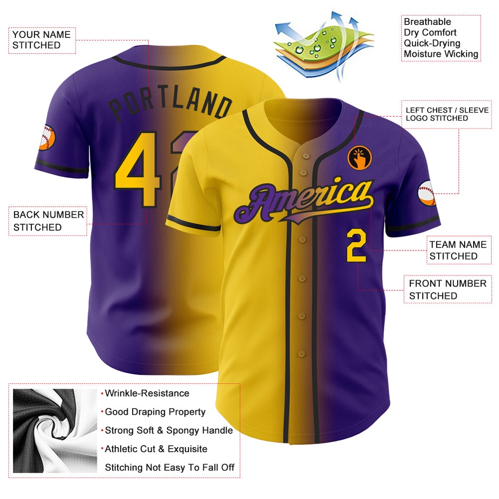 Purple Yellow-Black Authentic Gradient Fashion Baseball Jersey, Custom Baseball Jersey, Personalized Sport Jersey Purple Yellow-Black Authentic Gradient Fashion Baseball Jersey, Custom Baseball Jersey, Personalized Sport Jersey