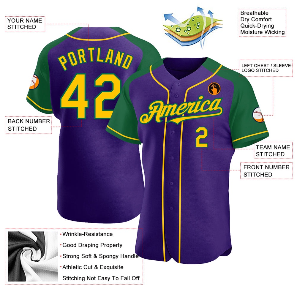 Purple Yellow-Kelly Green Authentic Raglan Sleeves Baseball Jersey, Custom Baseball Jersey, Personalized Sport Jersey