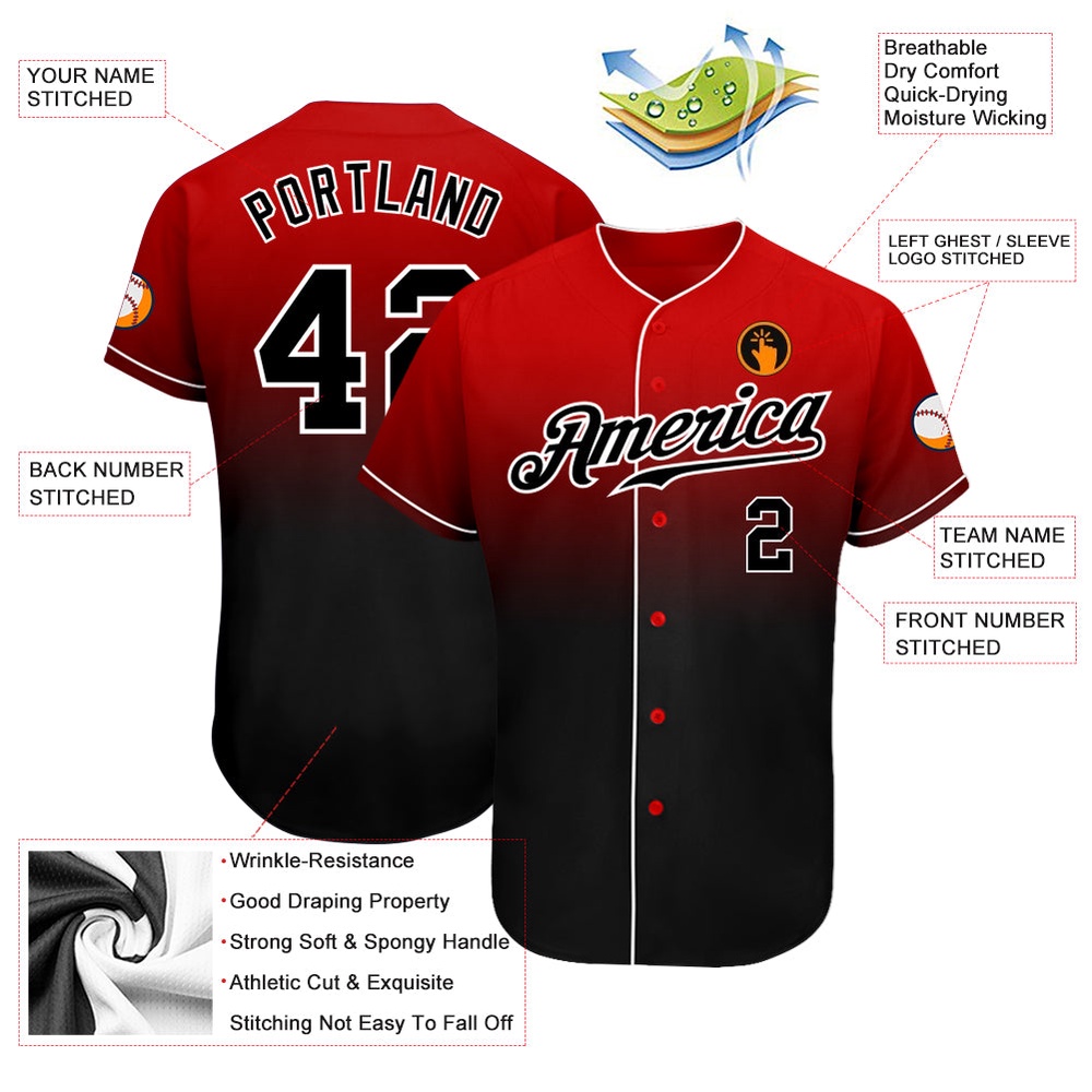 Red Black-White Authentic Fade Fashion Baseball Jersey, Custom Baseball Jersey, Personalized Sport Jersey