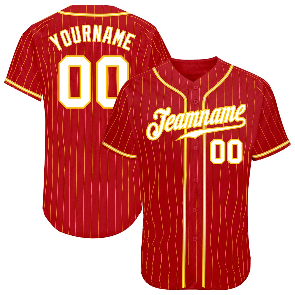 Red Gold Pinstripe White-Gold Authentic Baseball Jersey, Custom Baseball Jersey, Personalized Sport Jersey