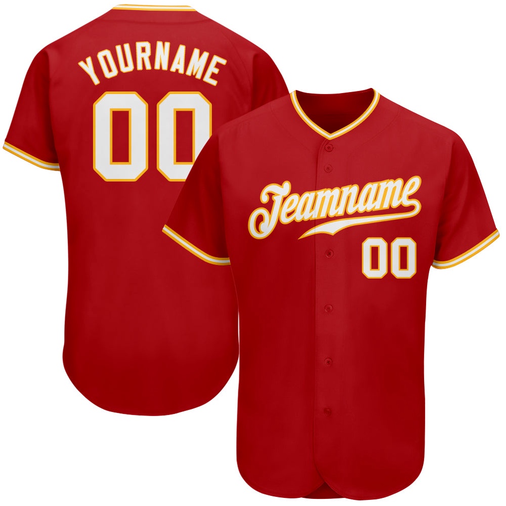 Red White-Gold Authentic Baseball Jersey, Custom Baseball Jersey, Personalized Sport Jersey