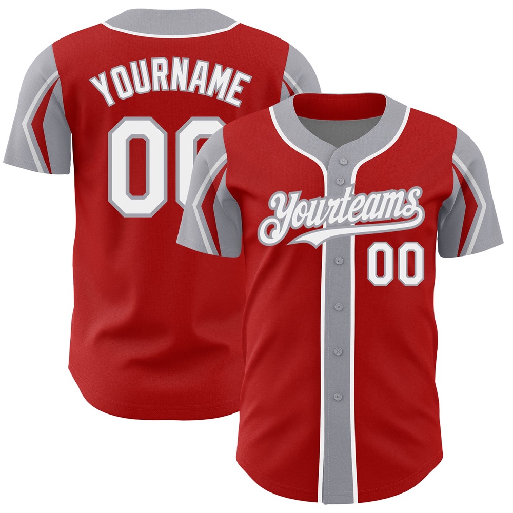 Red White-Gray 3 Colors Arm Shapes Authentic Baseball Jersey, Custom Baseball Jersey, Personalized Sport Jersey Red White-Gray 3 Colors Arm Shapes Authentic Baseball Jersey, Custom Baseball Jersey, Personalized Sport Jersey