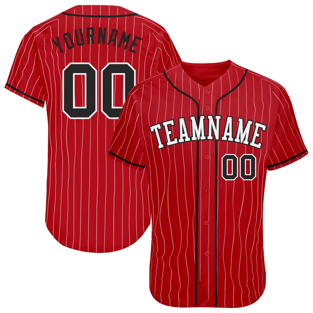 Red White Pinstripe Black-White Authentic Baseball Jersey, Custom Baseball Jersey, Personalized Sport Jersey