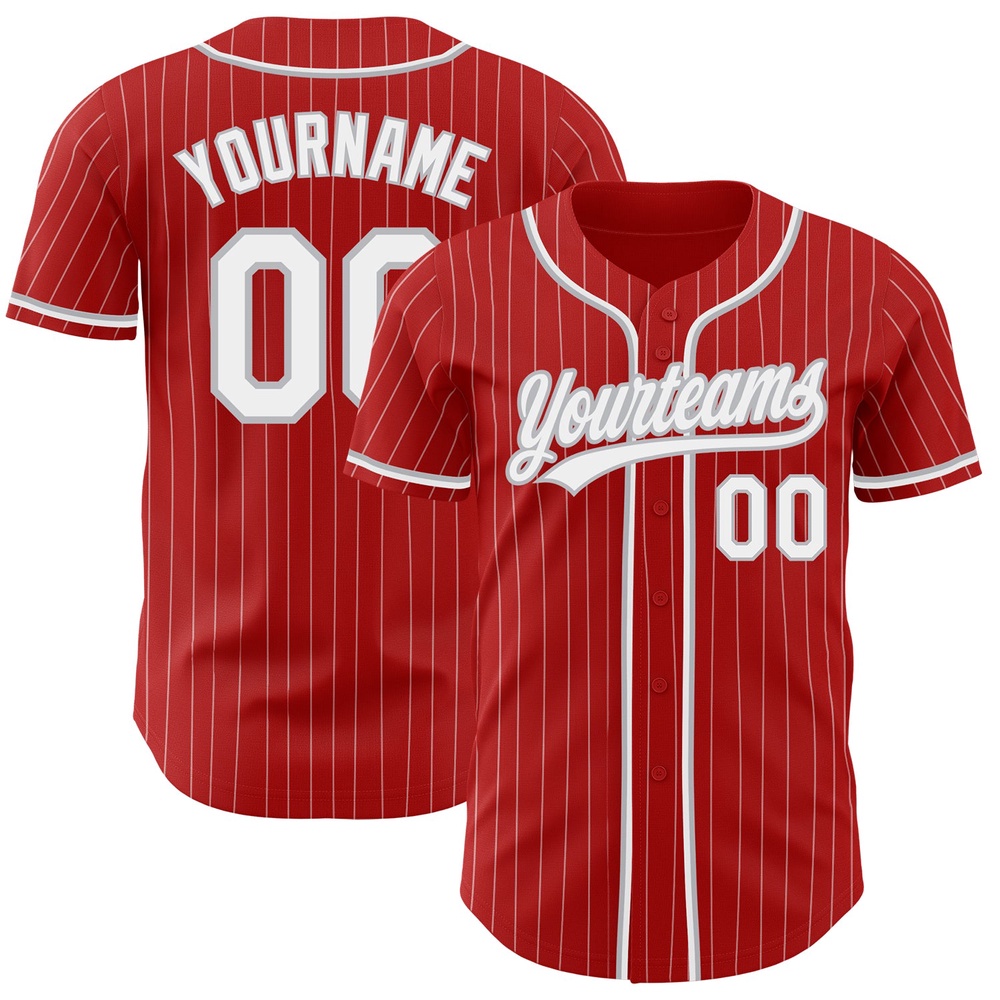 Red White Pinstripe Gray Authentic Baseball Jersey, Custom Baseball Jersey, Personalized Sport Jersey