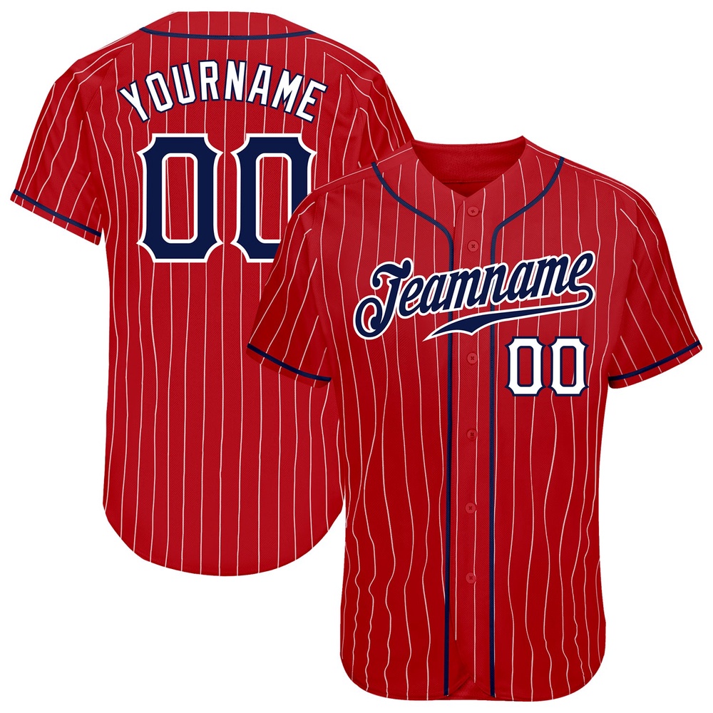 Red White Pinstripe Navy-White Authentic Baseball Jersey, Custom Baseball Jersey, Personalized Sport Jersey