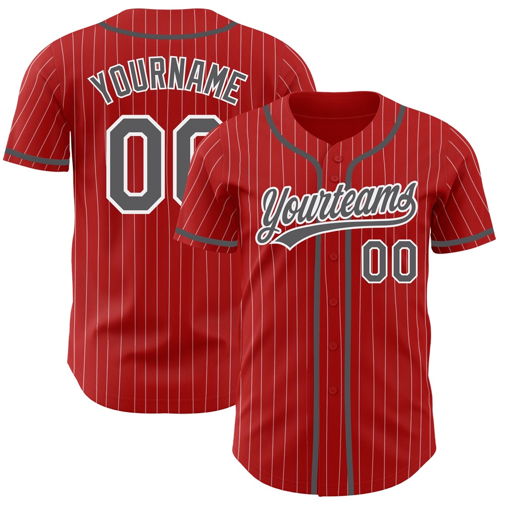 Red White Pinstripe Steel Gray Authentic Baseball Jersey, Custom Baseball Jersey, Personalized Sport Jersey Red White Pinstripe Steel Gray Authentic Baseball Jersey, Custom Baseball Jersey, Personalized Sport Jersey