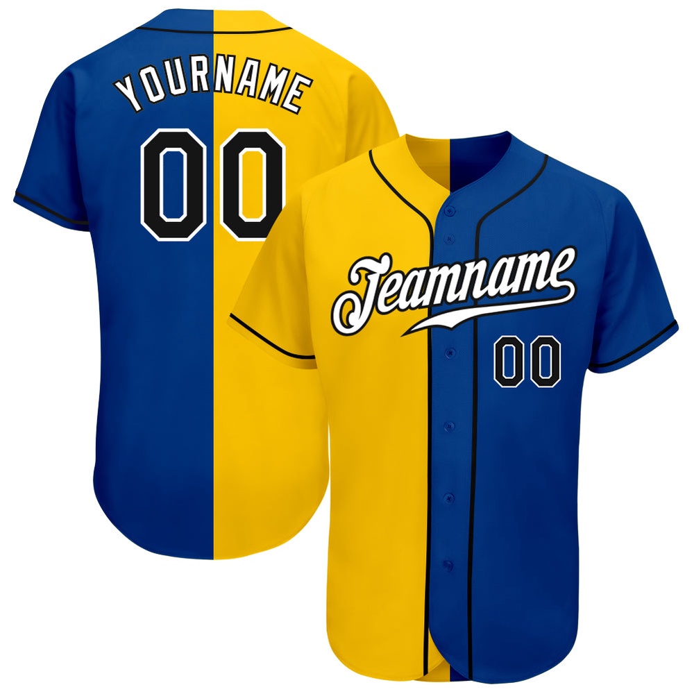 Royal Black-Yellow Authentic Split Fashion Baseball Jersey, Custom Baseball Jersey, Personalized Sport Jersey