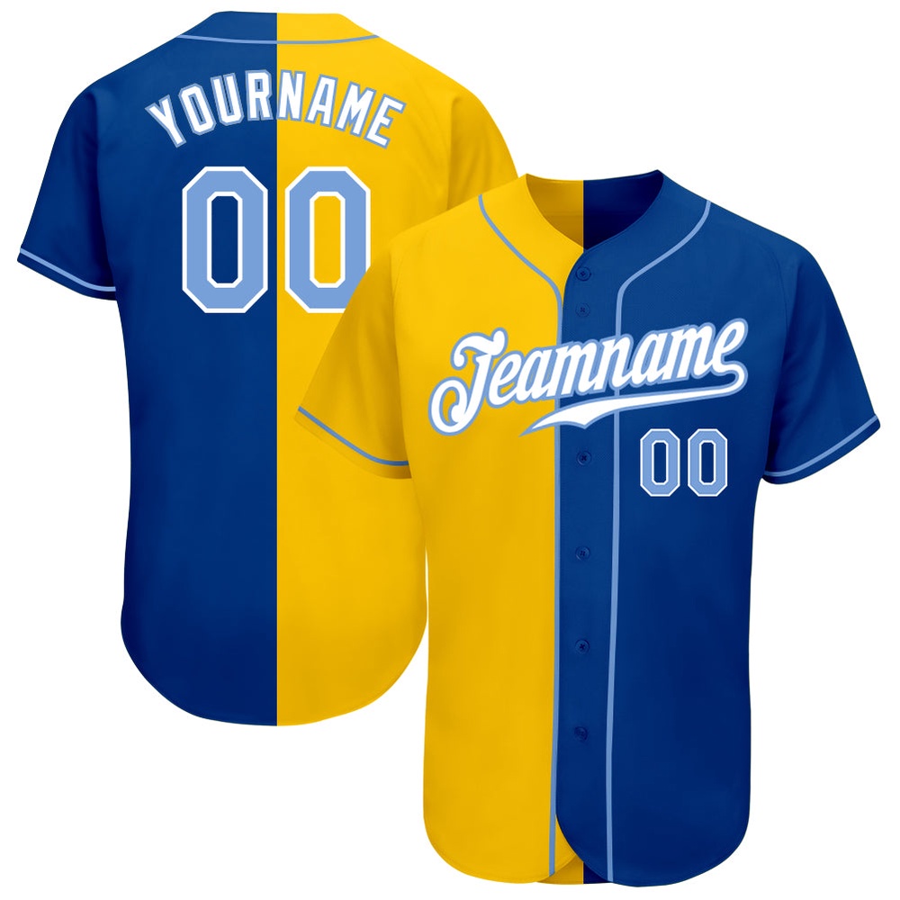 Royal Light Blue-Yellow Authentic Split Fashion Baseball Jersey, Custom Baseball Jersey, Personalized Sport Jersey Royal Light Blue-Yellow Authentic Split Fashion Baseball Jersey, Custom Baseball Jersey, Personalized Sport Jersey
