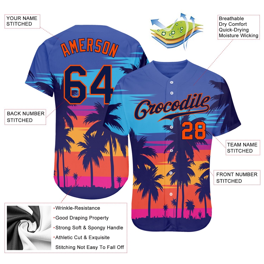 Royal Navy-Orange 3D Pattern Design Palm Trees Authentic Baseball Jersey, Custom Baseball Jersey, Personalized Sport Jersey Royal Navy-Orange 3D Pattern Design Palm Trees Authentic Baseball Jersey, Custom Baseball Jersey, Personalized Sport Jersey