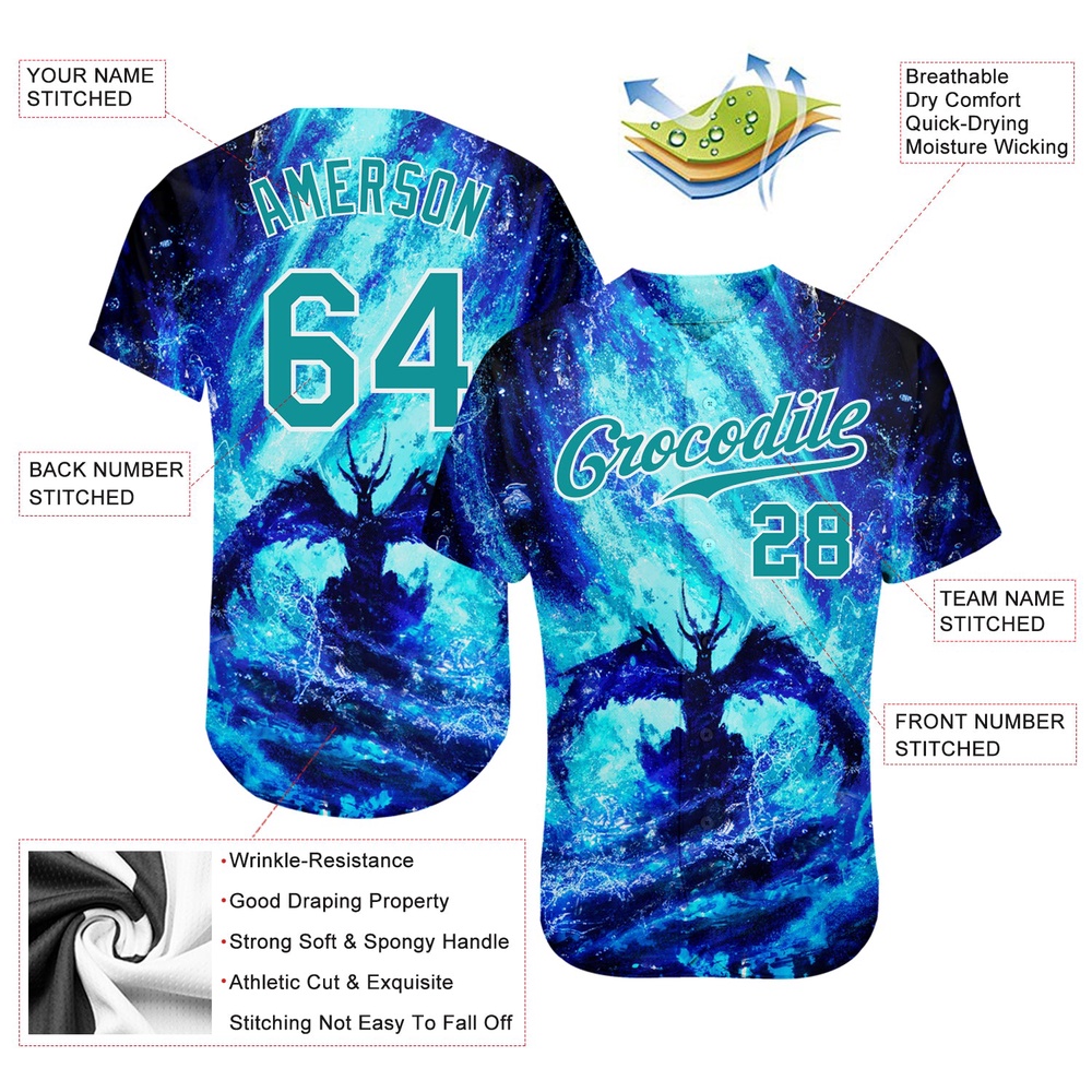 Royal Teal-White 3D Pattern Design Water Dragon Authentic Baseball Jersey, Custom Baseball Jersey, Personalized Sport Jersey