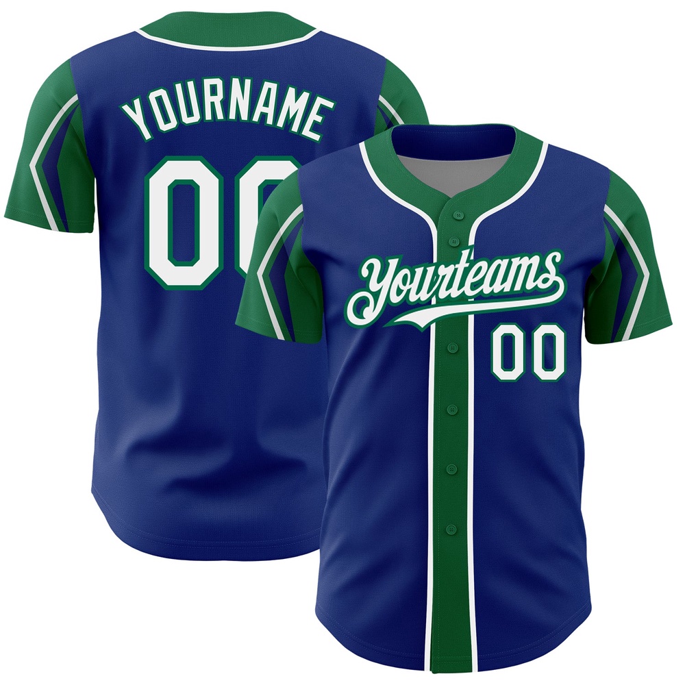 Royal White-Kelly Green 3 Colors Arm Shapes Authentic Baseball Jersey, Custom Baseball Jersey, Personalized Sport Jersey
