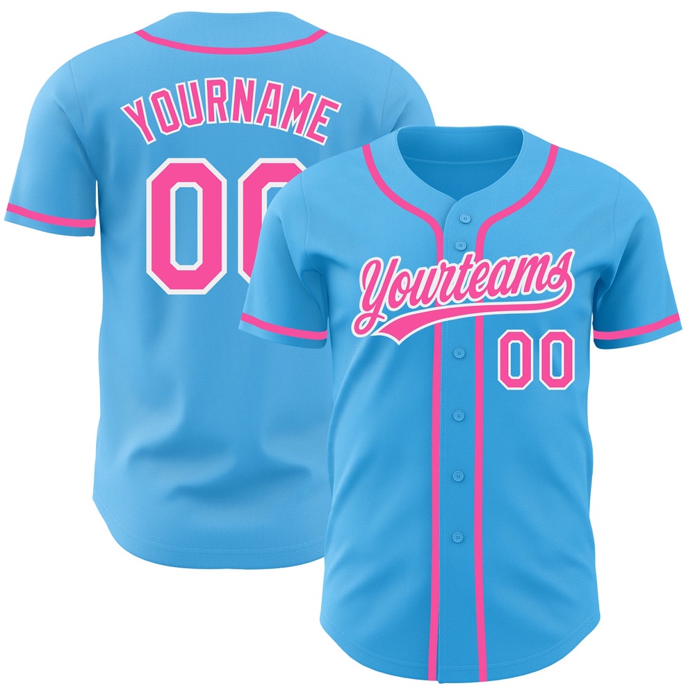 Sky Blue Pink-White Authentic Baseball Jersey, Custom Baseball Jersey, Personalized Sport Jersey