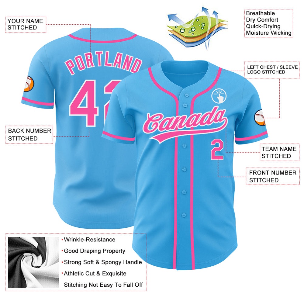 Sky Blue Pink-White Authentic Baseball Jersey, Custom Baseball Jersey, Personalized Sport Jersey