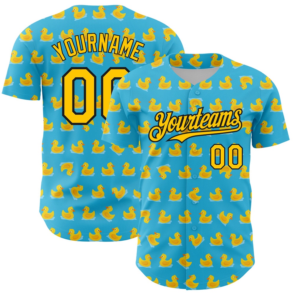 Sky Blue Yellow-Black 3D Pattern Design Duck Authentic Baseball Jersey, Custom Baseball Jersey, Personalized Sport Jersey Sky Blue Yellow-Black 3D Pattern Design Duck Authentic Baseball Jersey, Custom Baseball Jersey, Personalized Sport Jersey