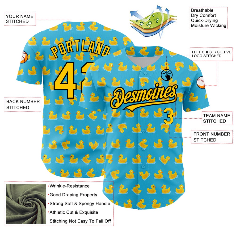 Sky Blue Yellow-Black 3D Pattern Design Duck Authentic Baseball Jersey, Custom Baseball Jersey, Personalized Sport Jersey Sky Blue Yellow-Black 3D Pattern Design Duck Authentic Baseball Jersey, Custom Baseball Jersey, Personalized Sport Jersey