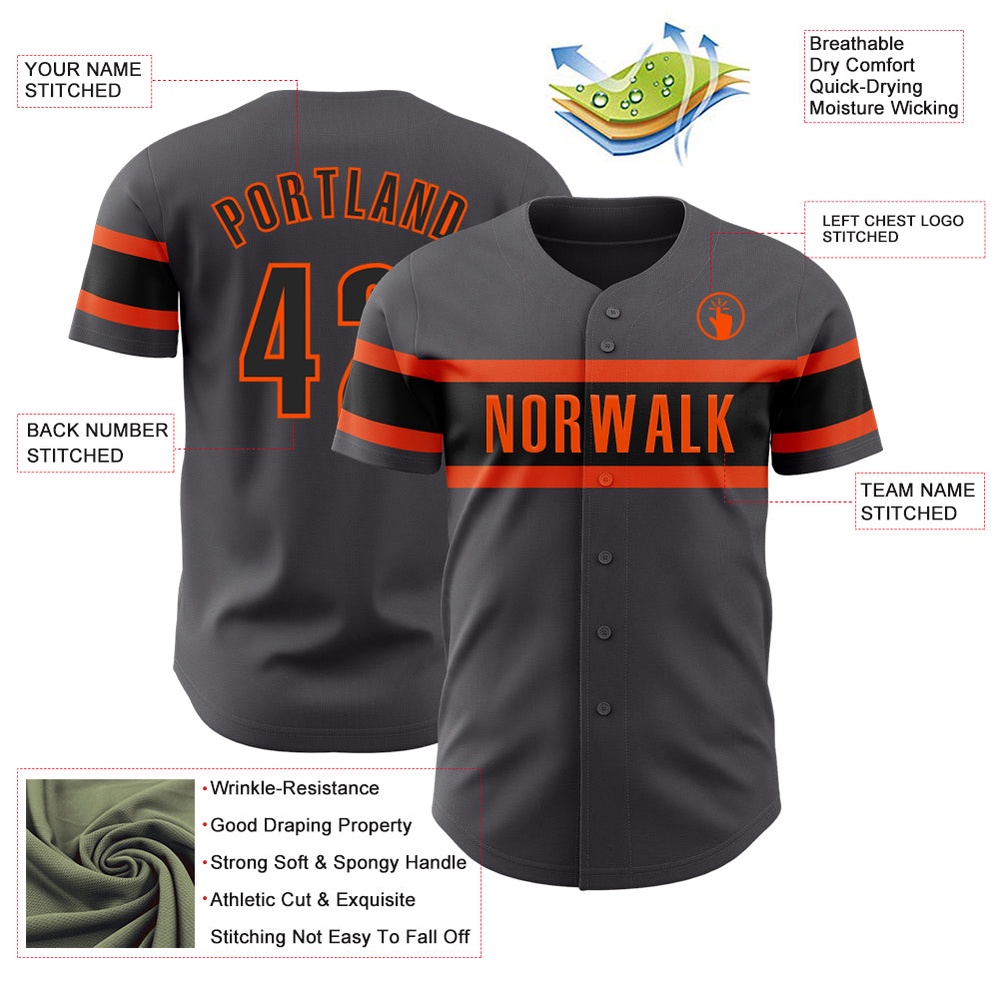 Steel Gray Black-Orange Authentic Baseball Jersey, Custom Baseball Jersey, Personalized Sport Jersey Steel Gray Black-Orange Authentic Baseball Jersey, Custom Baseball Jersey, Personalized Sport Jersey