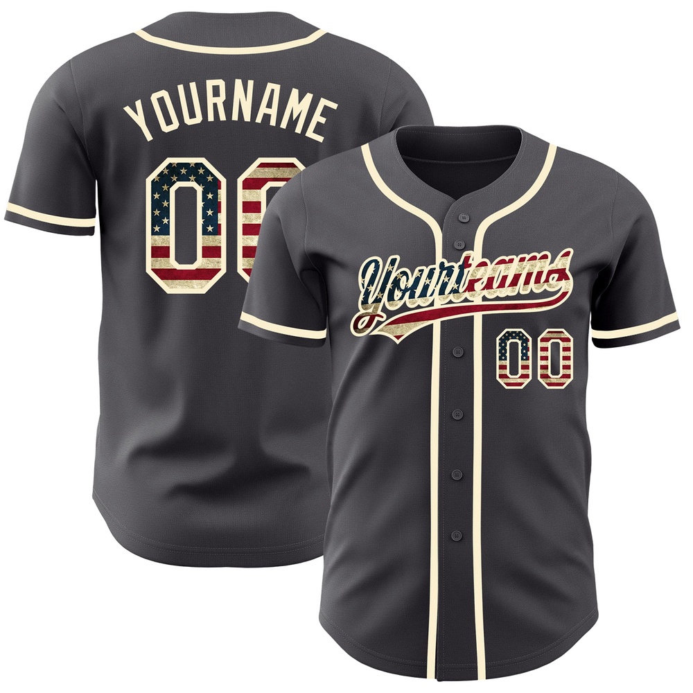 Steel Gray Vintage USA Flag-Cream Authentic Baseball Jersey, Custom Baseball Jersey, Personalized Sport Jersey Steel Gray Vintage USA Flag-Cream Authentic Baseball Jersey, Custom Baseball Jersey, Personalized Sport Jersey