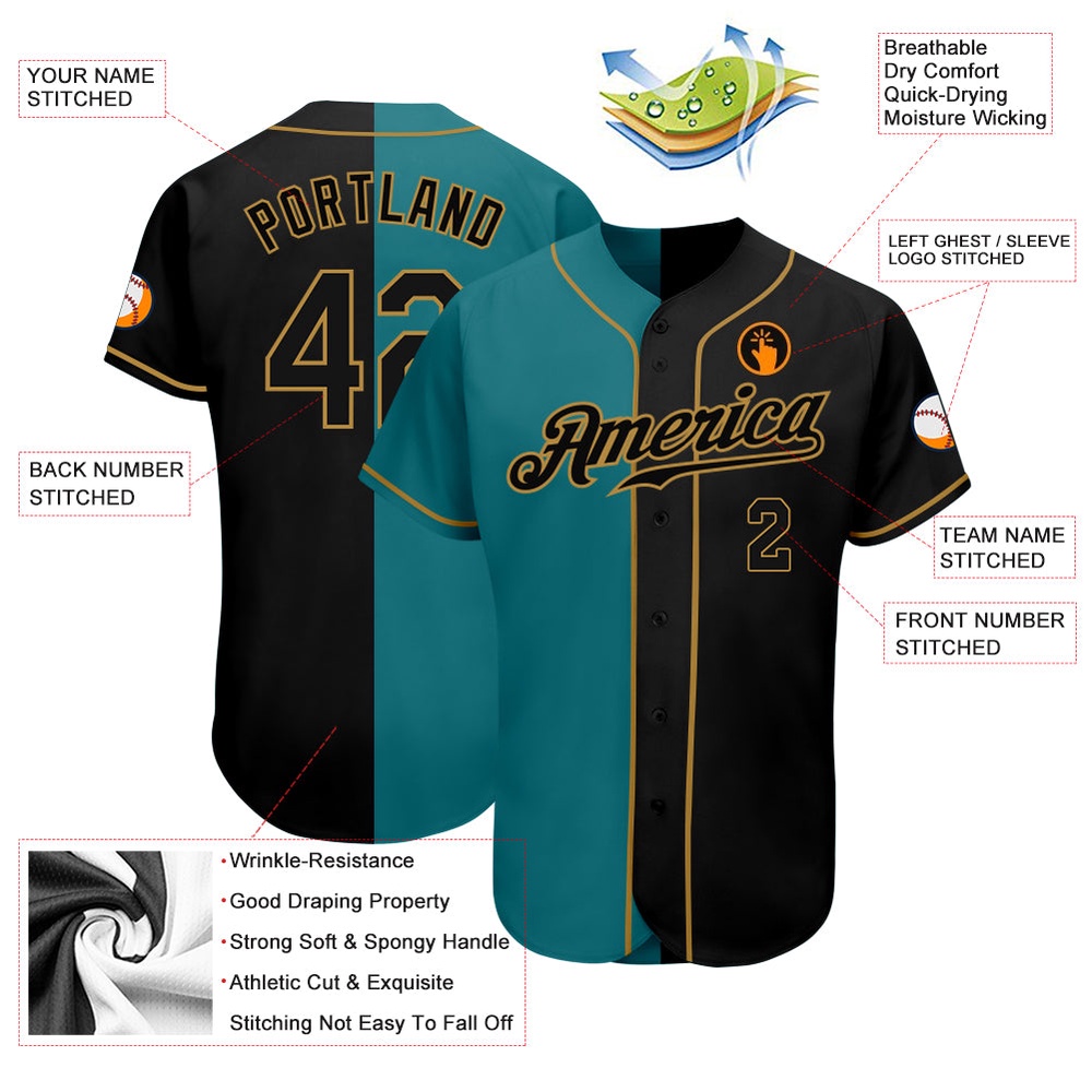 Teal-Black Old Gold Authentic Split Fashion Baseball Jersey, Custom Baseball Jersey, Personalized Sport Jersey