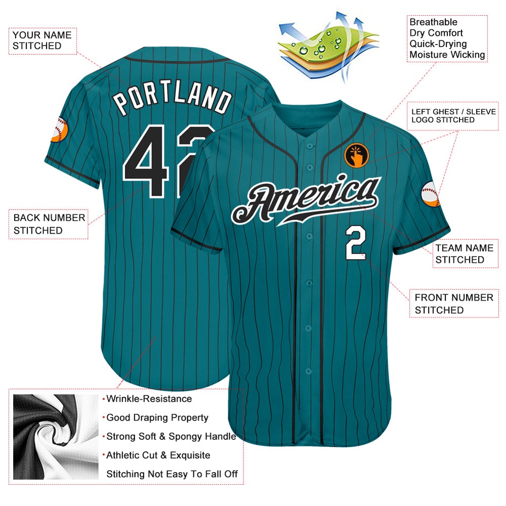 Teal Black Pinstripe Black-White Authentic Baseball Jersey, Custom Baseball Jersey, Personalized Sport Jersey