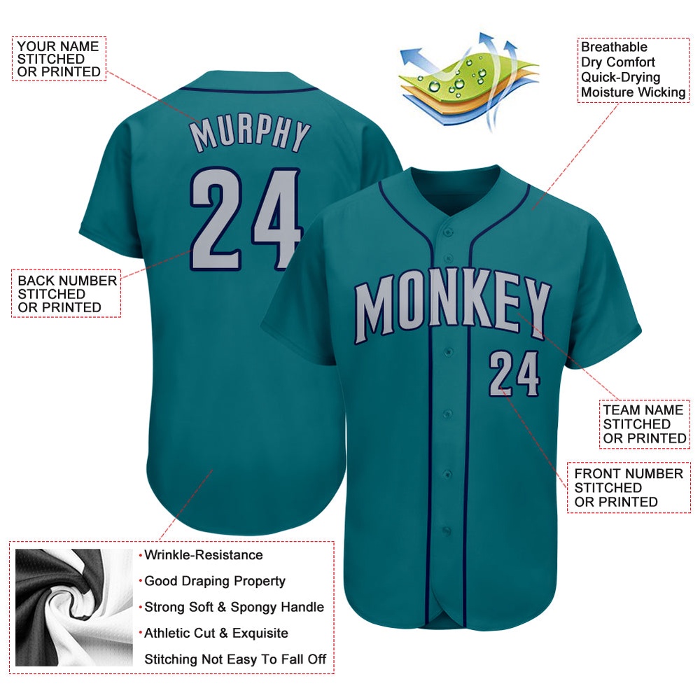 Teal Gray-Navy Authentic Baseball Jersey, Custom Baseball Jersey, Personalized Sport Jersey Teal Gray-Navy Authentic Baseball Jersey, Custom Baseball Jersey, Personalized Sport Jersey