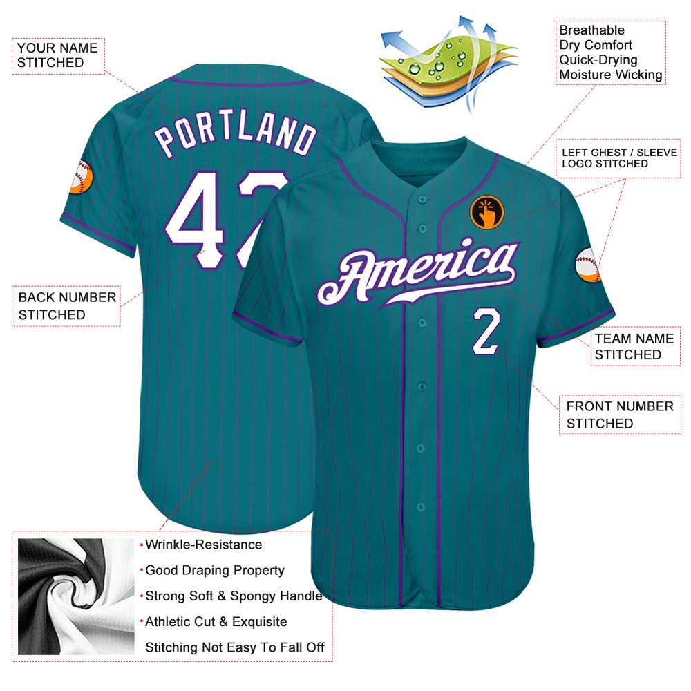 Teal Purple Pinstripe White-Purple Authentic Baseball Jersey, Custom Baseball Jersey, Personalized Sport Jersey Teal Purple Pinstripe White-Purple Authentic Baseball Jersey, Custom Baseball Jersey, Personalized Sport Jersey