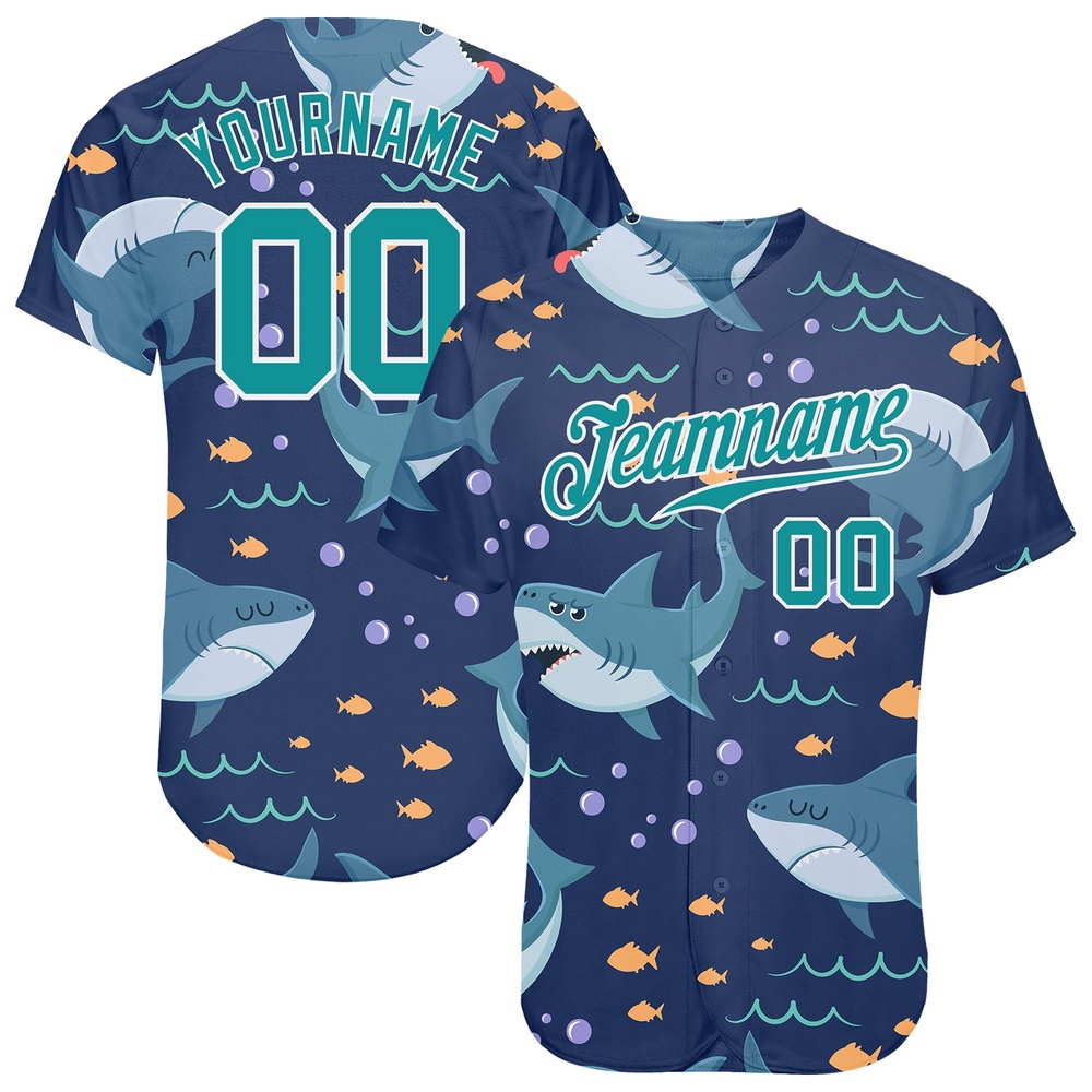 Teal Teal-White 3D Pattern Design Sharks Authentic Baseball Jersey, Custom Baseball Jersey, Personalized Sport Jersey Teal Teal-White 3D Pattern Design Sharks Authentic Baseball Jersey, Custom Baseball Jersey, Personalized Sport Jersey