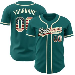 Teal Vintage USA Flag-Cream Authentic Baseball Jersey,…