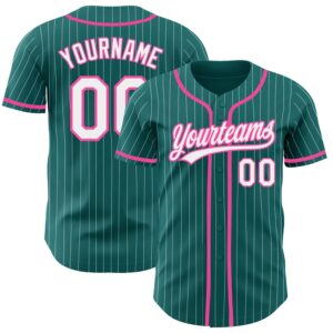 Teal White Pinstripe Pink Authentic Baseball Jersey,…